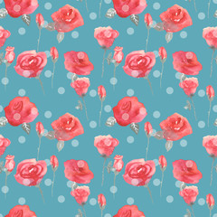 Roses flowers and buds pink blue vintage seamless pattern background