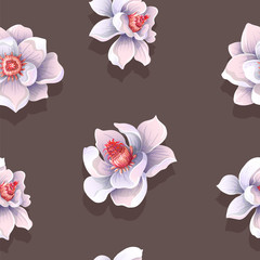 Seamless pattern with magnolia flowers on a brown background. Vector illustration.