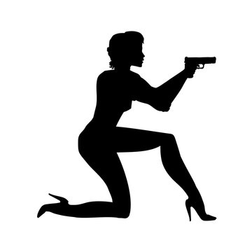 Silhouette girl in an action movie film shootout pose with a gun sit. Silhouette Woman, lady vector illustration of spy. Person a shoot