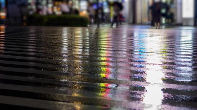 雨の大都市の交差点を行き交う人々 タイムラプス