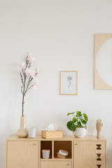 Fototapeta na wymiar Flowers on wooden cabinet in natural white living room interior with posters. Real photo