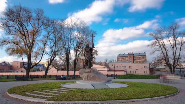 The monument to Holy Apostle Andrew the First-Called in the on the city park strelka timelapse hyperlapse in Kharkov, Ukraine