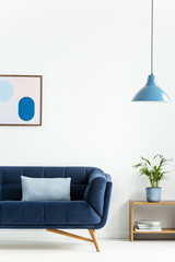 Retro bowl pendant light and a baby blue cushion on a dark, elegant sofa in a simple living room...