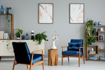Wooden table with flowers between blue armchairs in grey interior with posters and plants. Real photo