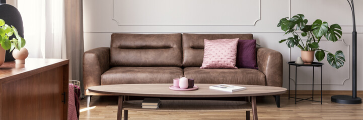 Panorama of pink pillow on leather sofa in living room interior with plant and wooden table. Real...