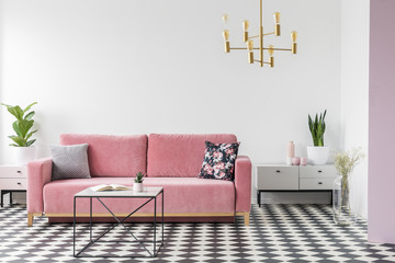 Pink couch with cushions in white apartment interior with table and plants on cabinets. Real photo