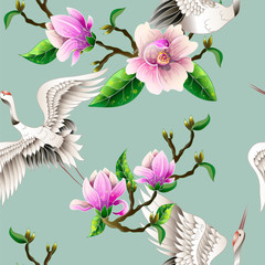Fototapety  Wzór z kwiatami magnolii i japońskimi białymi żurawiami. Wektor.