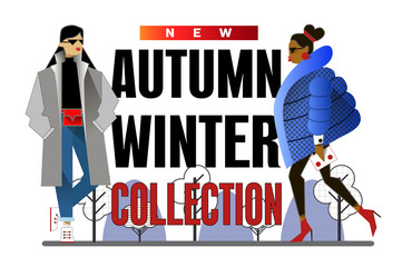 Fashion concept banner with trendy girl in winter outerwear. Flat Illustration.