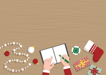 Conceptual horizontal Christmas flat banner. Santa Claus workshop, top view. Santa's hands make up a list of gifts in notebook, gifts, Christmas toys and garland on table, vector