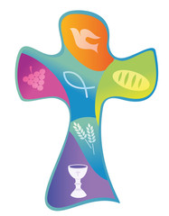Colorful christian cross with chalice grapes bread and wheat ear