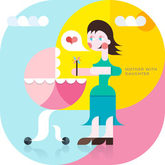 Mom and daughter in a stroller. Vector illustration in a geometric style.