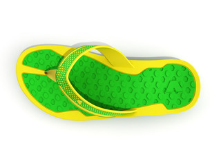 top view of yellow and green rubber male beach slipper sneaker with perforation 3d render isolated on white