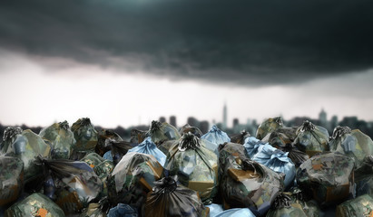 modern concept of environmental problems close up of a garbage bags stack 3d render