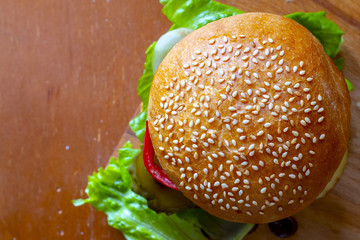 Burger on a wooden board
