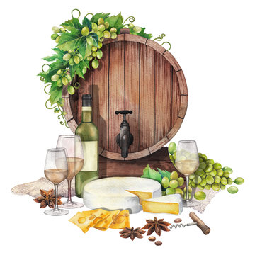 Watercolor barrel with wine glasses and bottle, cheese and grapes