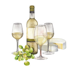 Three watercolor glasses of white wine, bottle, white grapes and cheese.
