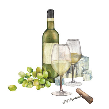 Two watercolor glasses of white wine, bottle, white grapes and cheese