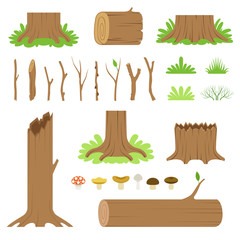 Set of forest tree stumps, logs, sticks, branches, grasses and mushrooms. Vector illustration
