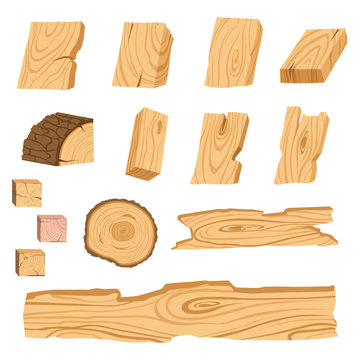 Set of icons of textured wooden boards, bars, and parts of a tree. Vector illustration
