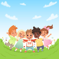 Obraz na płótnie Canvas Group of happy joyful children on a green glade and the background of blue sky with clouds. Vector illustration