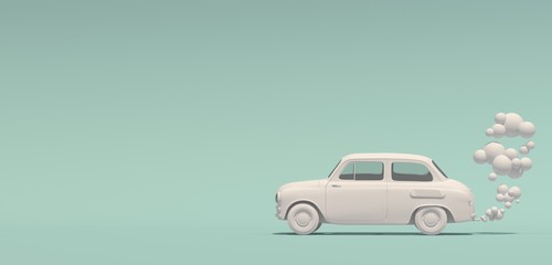 Banner with a passenger white monochrome retro car with an exhaust gas in a cartoon style. Isolated on a turquoise background. 3D rendering.