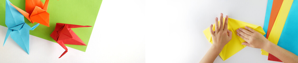 Web banner, origami kids. Color cranes of origami from paper on a white background