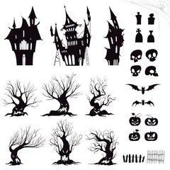 Keuken spatwand met foto Set of silhouettes for halloween gloomy house, sinister trees, fences, graves, skulls, pumpkins and bats. Vector illustration © Oqvector