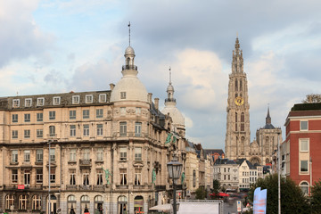 Beautiful view of the Cathedral of Our Lady (Onze-Lieve-Vrouwekathedraal) seen from the quay in Antwerp, Belgium