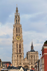 Fototapeta na wymiar Beautiful view of the Cathedral of Our Lady (Onze-Lieve-Vrouwekathedraal) seen from the quay in Antwerp, Belgium