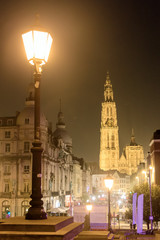 Fototapeta na wymiar Beautiful view of the Cathedral of Our Lady (Onze-Lieve-Vrouwekathedraal) and a street light lantern at night in Antwerp, Belgium 