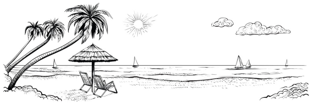 Panoramic beach view. Vector illustration of seaside with palms, two chairs, umbrella and yachts.