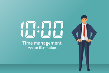 Successful businessman conquered time. Man standing with hands on waist. Vector illustration flat design. Isolated on white background. Time management web site banner. Planning deadline.