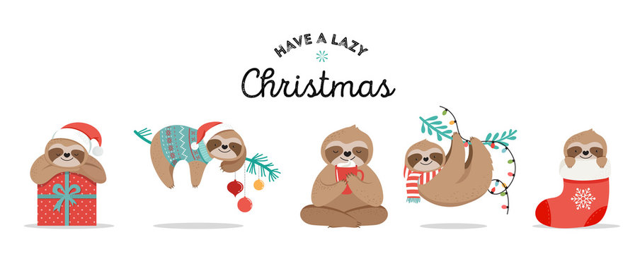 Cute sloths, funny Christmas illustrations with Santa Claus costumes, hat and scarfs, greeting cards set, banner