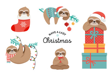 Cute sloths, funny Christmas illustrations with Santa Claus costumes, hat and scarfs, greeting cards set, banner