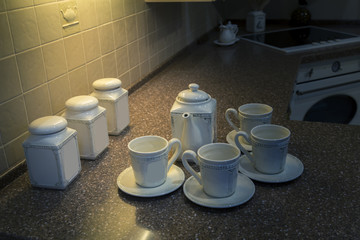 Tea set from porcelain on the table top