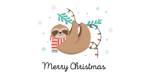 Cute sloths, funny Christmas illustrations with Santa Claus costumes, hat and scarfs, greeting cards set, banner © Marina Zlochin