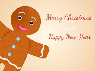Cartoon gingerbread man looks out. Inscription Wishing you a Merry Christmas and Happy New Year. Vector illustration