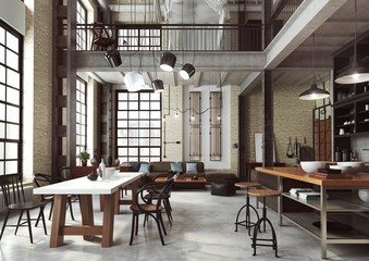 Loft - nowoczesne wnętrze w industrialnym stylu zaprojektowane jako mieszkanie o otwartym planie z kuchnią, jadalnią, pokojem dziennym oraz domowym biurem na parterze i sypialnią na antresoli. - obrazy, fototapety, plakaty
