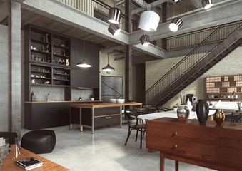 Loft - nowoczesne wnętrze w industrialnym stylu zaprojektowane jako mieszkanie o otwartym planie z kuchnią, jadalnią, pokojem dziennym oraz domowym biurem na parterze i sypialnią na antresoli. - obrazy, fototapety, plakaty