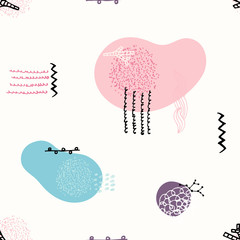 Vector seamless pattern with hand drawn abstract shapes. Spotted and textured figures. Unique design. Creative background. Spots and stains. Freehand style. Wallpaper, wrapping, print on clothes