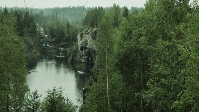 Ruskeala, Sortavala, Russia -September 2018: Famous marble cayon in Karelia - old marble quarries production site - Ruskeala park - natural landmark, tourist destination.