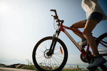 Fototapeta na wymiar Hands free cycling woman riding mountain mike on sunrise seaside
