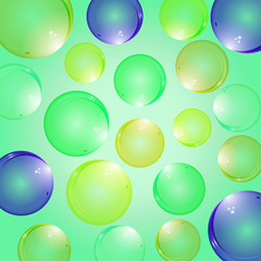 Isolated colorful realistic glass bubbles with reflection on a colored background. Isolated blowing bubbles for your design.