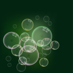 Isolated colorful realistic shampoo bubbles with a reflection of a transparent dark background.
