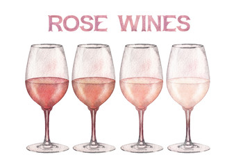 Four watercolor glasses of rose wine isolated on white background