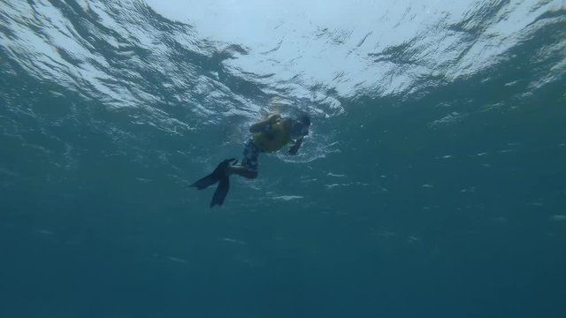 Little boy in mask, snorkel and fins look at underwater on Green sea turtle Chelonia mydas (underwater shot, 4K / 60fps) 
