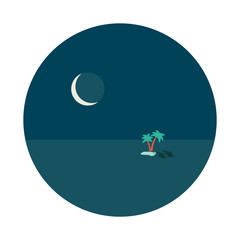 Night desert oasis lake with two palms in middle