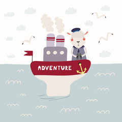 Obraz premium Hand drawn vector illustration of a cute funny sheep sailor on a steamboat. Childish ocean landscape with seagulls, clouds, waves. Scandinavian style flat design. Concept for children print.