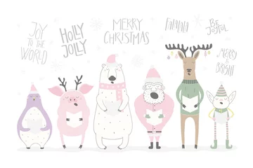 Poster Hand drawn vector illustration of a cute funny singing Santa, elf, animals, with different Christmas quotes. Isolated objects on white background. Flat style design. Concept Christmas card, invite. © Maria Skrigan