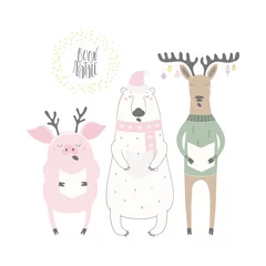 Foto op Canvas Hand drawn vector illustration of funny singing polar bear, pig, deer, with quote Buon Natale, Merry Christmas in Italian. Isolated objects on white background. Flat style design. Concept card, invite © Maria Skrigan